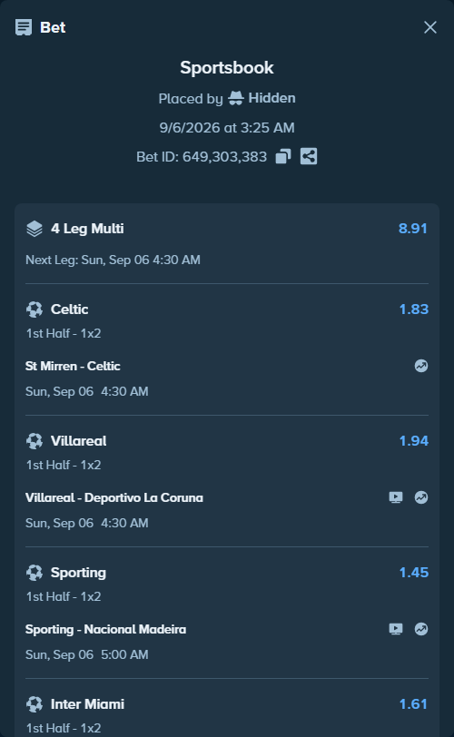 Bet slip: Inter Miami - Atlanta United, $15,298.47 stake at 1.61 odds, placed by Hidden