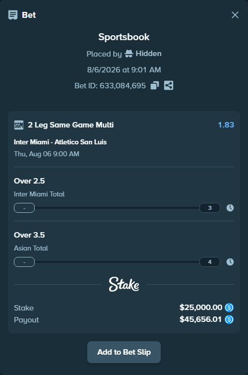 Bet slip: Inter Miami - Atletico San Luis, $25,000.00 stake at 1.65 odds, placed by Hidden