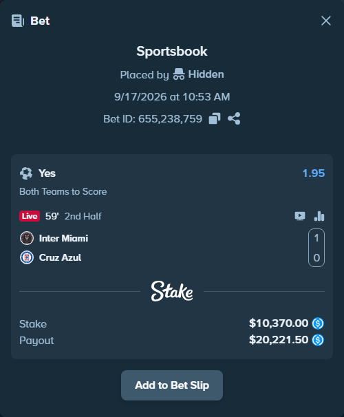 Bet slip: Inter Miami - CF Cruz Azul, $10,370.00 stake at 1.95 odds, placed by Hidden