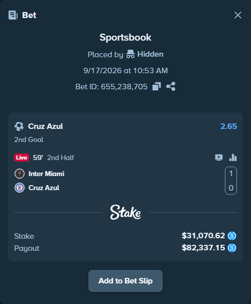 Bet slip: Inter Miami - CF Cruz Azul, $31,070.62 stake at 2.65 odds, placed by Hidden