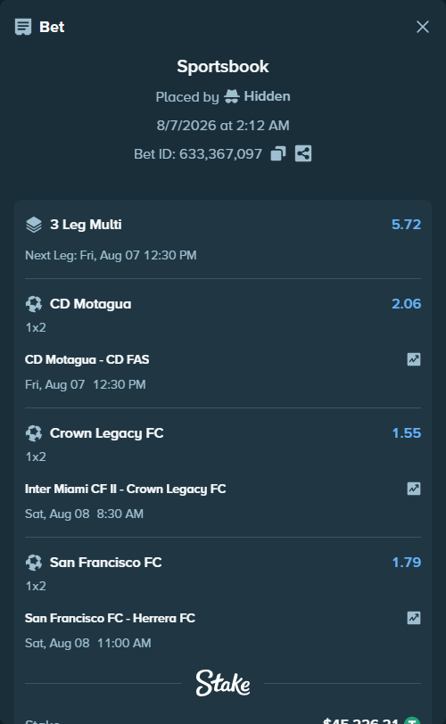 Bet slip: Inter Miami CF II - Crown Legacy FC, $45,271.44 stake at 1.55 odds, placed by Hidden
