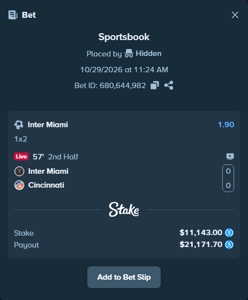 Bet slip: Inter Miami - Cincinnati, $11,143.00 stake at 1.90 odds, placed by Melia212