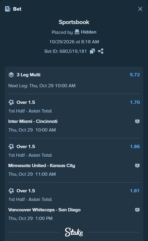 Bet slip: Inter Miami - Cincinnati, $15,015.00 stake at 1.70 odds, placed by Hidden