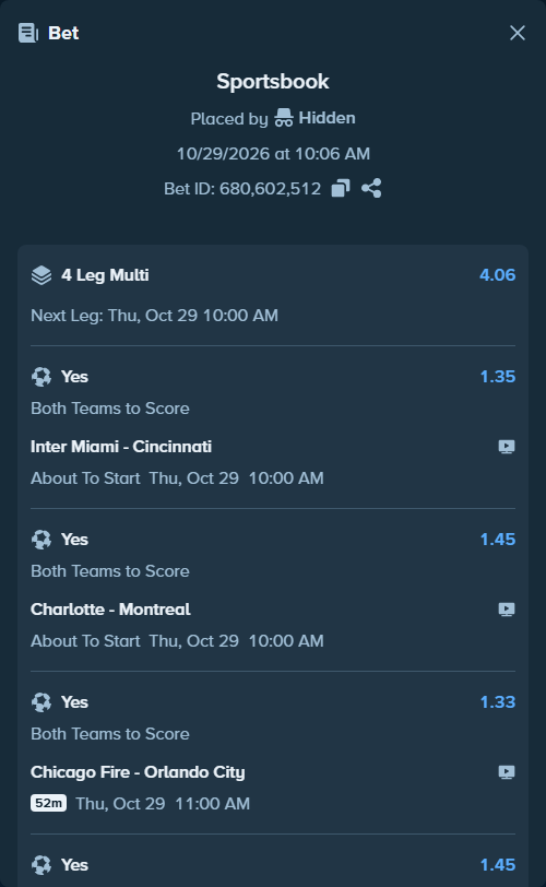 Bet slip: Inter Miami - Cincinnati, $20,010.51 stake at 1.35 odds, placed by Hidden