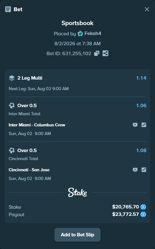 Bet slip: Inter Miami - Columbus Crew, $20,765.70 stake at 1.06 odds, placed by Fekah4