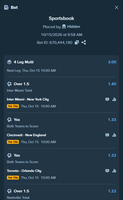 Bet slip: Inter Miami - New York City, $11,058.30 stake at 1.40 odds, placed by Hidden