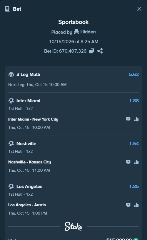 Bet slip: Inter Miami - New York City, $15,015.00 stake at 1.88 odds, placed by Hidden