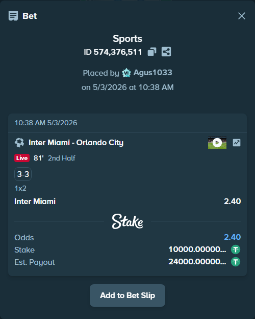 Bet slip: Inter Miami - Orlando City, $10,000.00 stake at 2.40 odds, placed by Agus1033