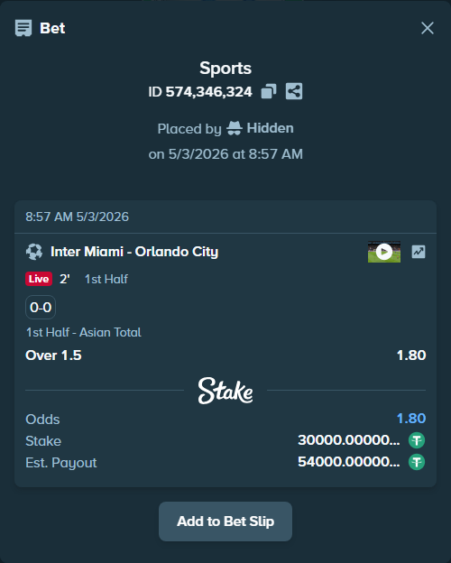 Bet slip: Inter Miami - Orlando City, $30,000.00 stake at 1.80 odds, placed by Hidden