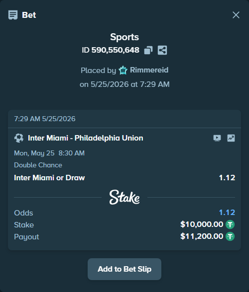 Bet slip: Inter Miami - Philadelphia Union, $10,000.00 stake at 1.12 odds, placed by Rimmereid