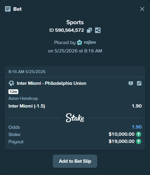 Bet slip: Inter Miami - Philadelphia Union, $10,000.00 stake at 1.90 odds, placed by rajlev