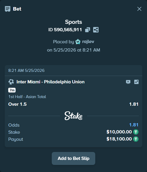 Bet slip: Inter Miami - Philadelphia Union, $10,000.00 stake at 1.81 odds, placed by rajlev