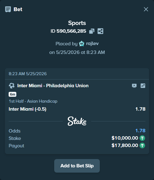 Bet slip: Inter Miami - Philadelphia Union, $10,000.00 stake at 1.78 odds, placed by rajlev