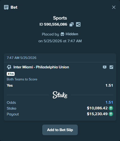 Bet slip: Inter Miami - Philadelphia Union, $10,086.42 stake at 1.51 odds, placed by Hidden