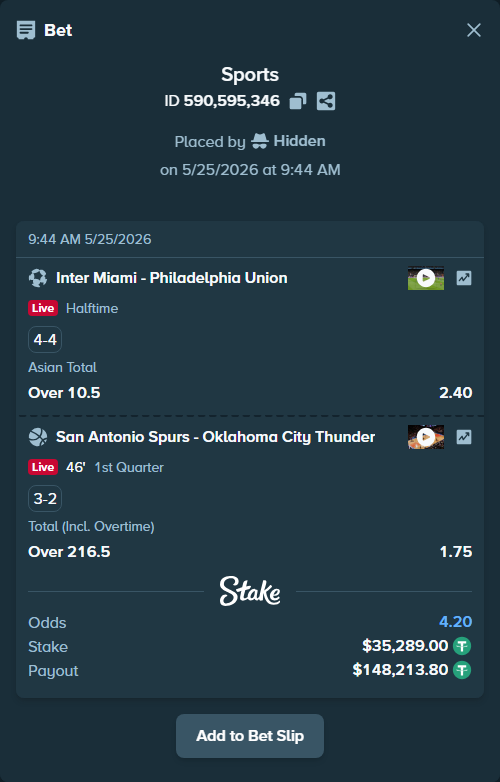 Bet slip: Inter Miami - Philadelphia Union, $35,289.00 stake at 2.40 odds, placed by Hidden