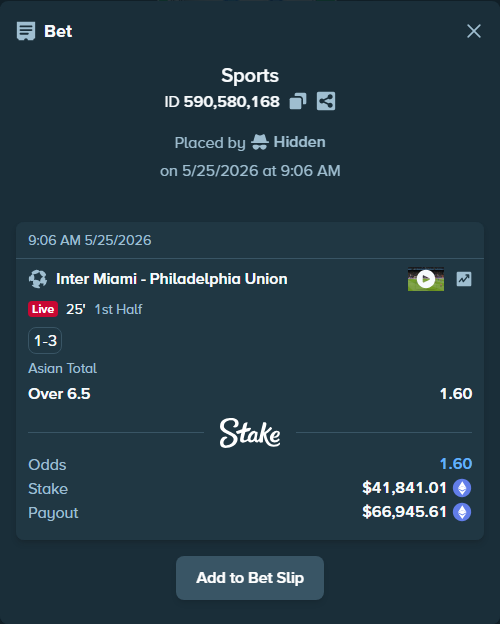 Bet slip: Inter Miami - Philadelphia Union, $34,686.40 stake at 1.60 odds, placed by Hidden