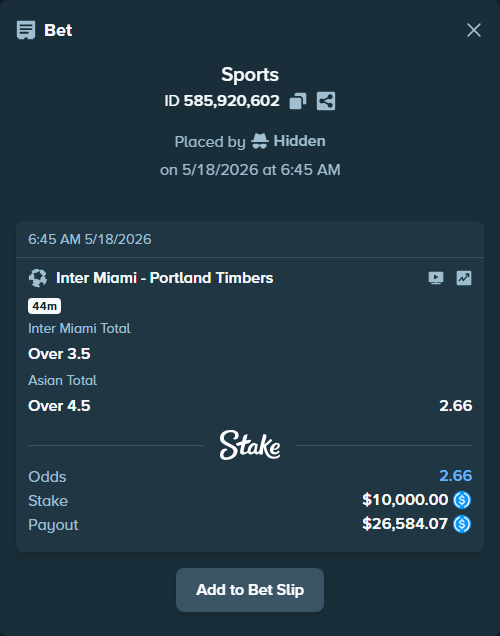 Bet slip: Inter Miami - Portland Timbers, $10,000.00 stake at 2.42 odds, placed by Hidden