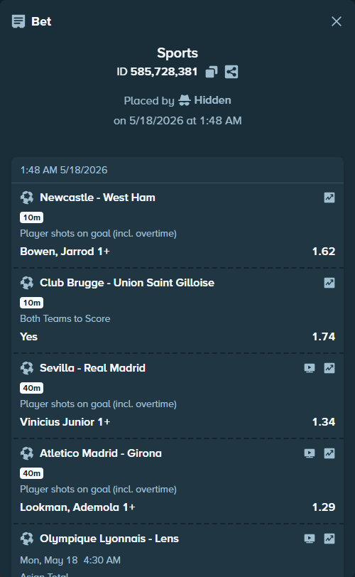 Bet slip: Inter Miami - Portland Timbers, $12,598.29 stake at 1.25 odds, placed by Hidden