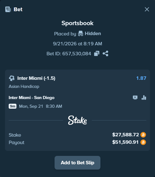 Bet slip: Inter Miami - San Diego, $27,724.40 stake at 1.87 odds, placed by Hidden