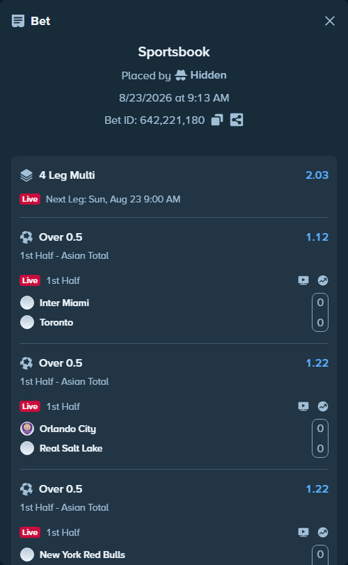 Bet slip: Inter Miami - Toronto, $11,706.56 stake at 1.12 odds, placed by Hidden