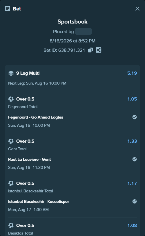 Bet slip: Inter - Monza, $10,000.00 stake at 1.23 odds, placed by Bossnatty
