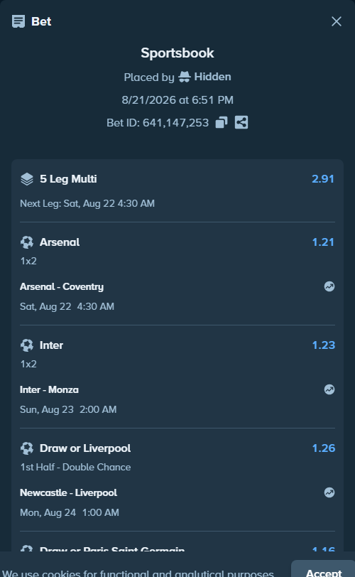 Bet slip: Inter - Monza, $10,000.00 stake at 1.23 odds, placed by Jephthah2