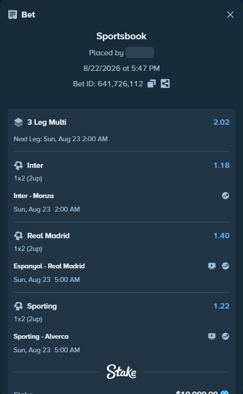 Bet slip: Inter - Monza, $10,000.00 stake at 1.18 odds, placed by LATERAL007