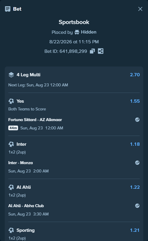 Bet slip: Inter - Monza, $10,000.00 stake at 1.18 odds, placed by Hidden