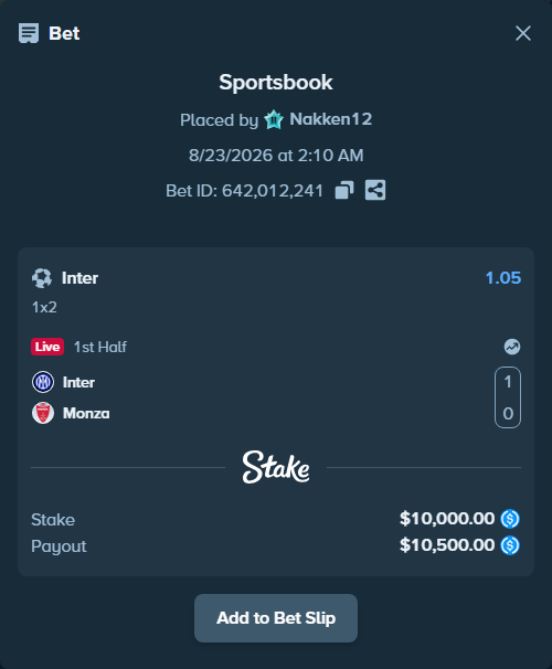 Bet slip: Inter - Monza, $10,000.00 stake at 1.05 odds, placed by Nakken12