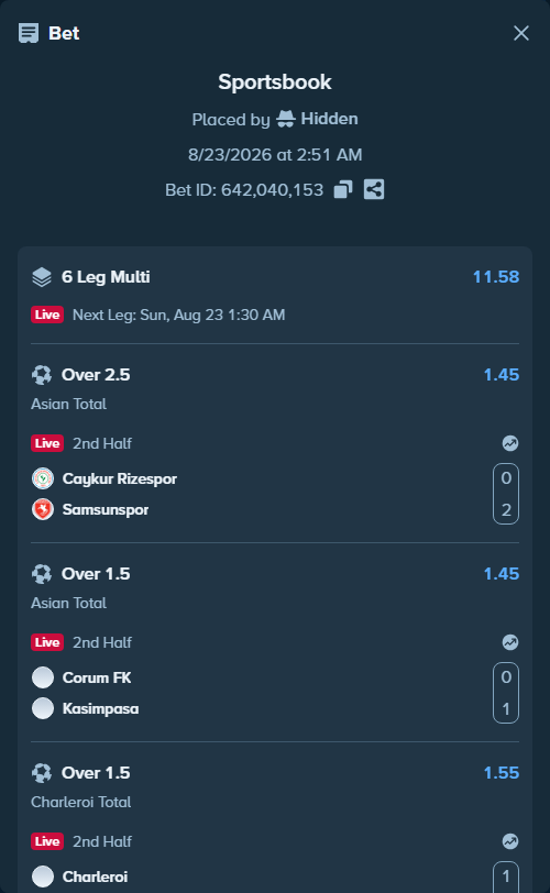 Bet slip: Inter - Monza, $10,244.00 stake at 1.45 odds, placed by Hidden