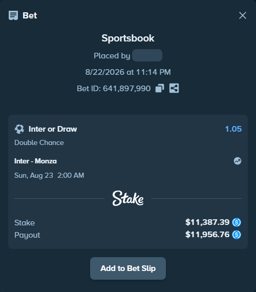Bet slip: Inter - Monza, $11,387.39 stake at 1.05 odds, placed by lightsum