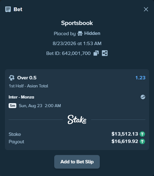Bet slip: Inter - Monza, $13,512.13 stake at 1.23 odds, placed by Hidden