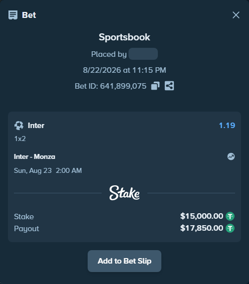 Bet slip: Inter - Monza, $15,000.00 stake at 1.19 odds, placed by Chrisignacio98