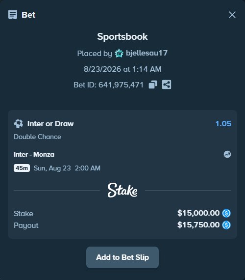 Bet slip: Inter - Monza, $15,000.00 stake at 1.05 odds, placed by bjellesau17