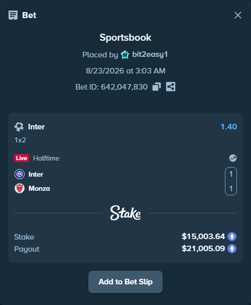 Bet slip: Inter - Monza, $15,029.07 stake at 1.40 odds, placed by bit2easy1