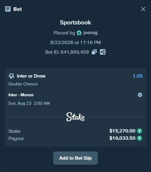 Bet slip: Inter - Monza, $15,270.00 stake at 1.05 odds, placed by joarug