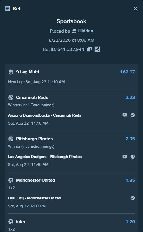 Bet slip: Inter - Monza, $15,429.39 stake at 1.20 odds, placed by Hidden