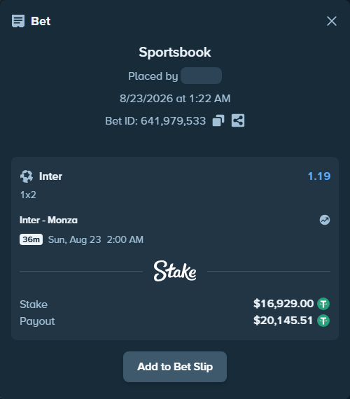 Bet slip: Inter - Monza, $16,929.00 stake at 1.19 odds, placed by Krisriple