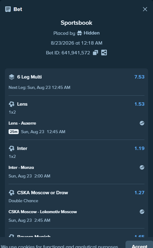 Bet slip: Inter - Monza, $17,791.00 stake at 1.19 odds, placed by Hidden