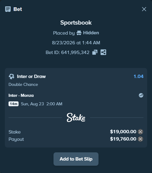 Bet slip: Inter - Monza, $19,143.37 stake at 1.04 odds, placed by Hidden