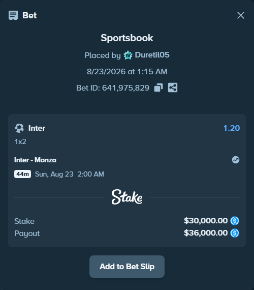 Bet slip: Inter - Monza, $30,000.00 stake at 1.20 odds, placed by Duretil05