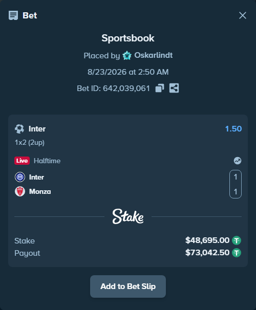 Bet slip: Inter - Monza, $48,695.00 stake at 1.50 odds, placed by Oskarlindt