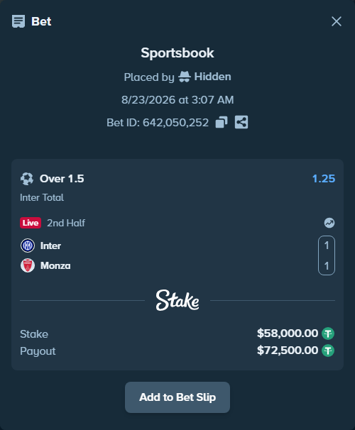 Bet slip: Inter - Monza, $58,000.00 stake at 1.25 odds, placed by Hidden