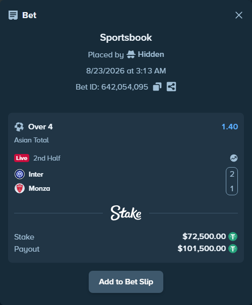 Bet slip: Inter - Monza, $72,500.00 stake at 1.40 odds, placed by Hidden