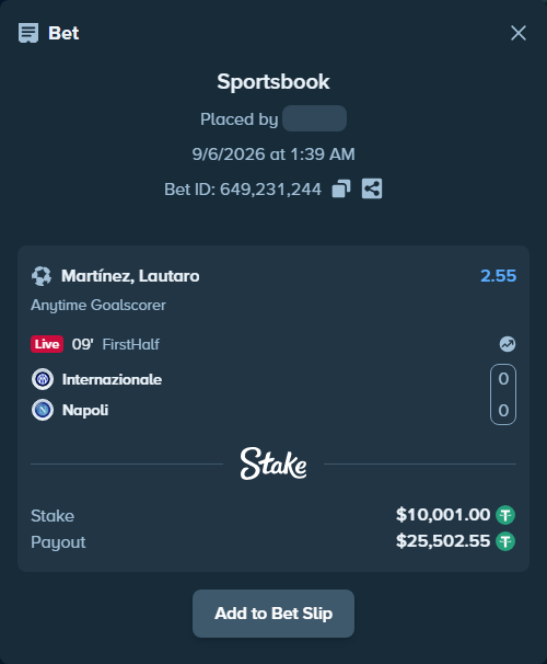 Bet slip: Inter - Napoli, $10,000.00 stake at 2.55 odds, placed by Elantari36