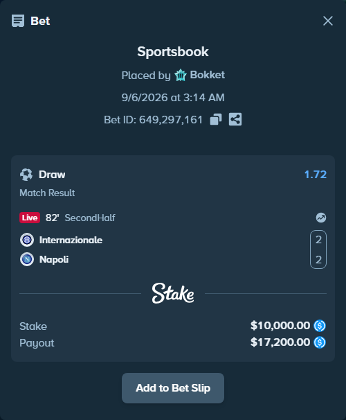 Bet slip: Inter - Napoli, $10,000.00 stake at 1.72 odds, placed by Bokket