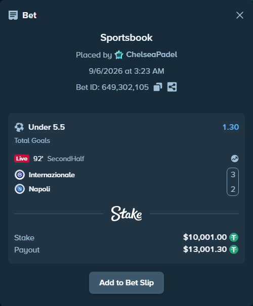Bet slip: Inter - Napoli, $10,000.00 stake at 1.30 odds, placed by ChelseaPadel