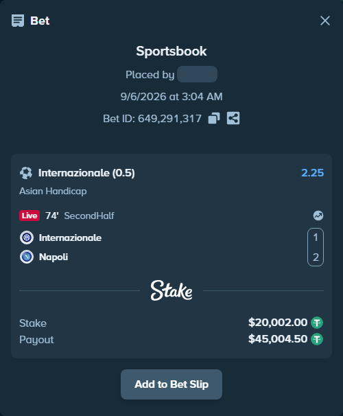 Bet slip: Inter - Napoli, $20,000.00 stake at 2.25 odds, placed by Mrazova