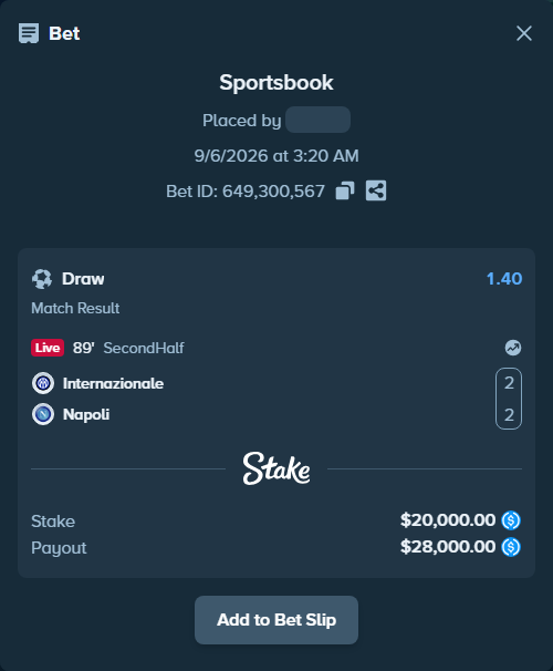Bet slip: Inter - Napoli, $20,000.00 stake at 1.40 odds, placed by Bokket