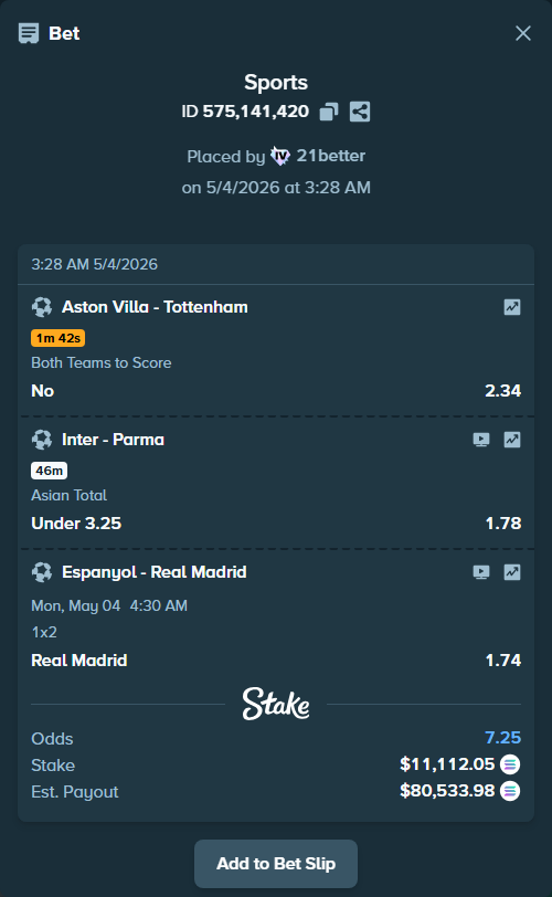 Bet slip: Inter - Parma, $9,697.29 stake at 1.78 odds, placed by 21better